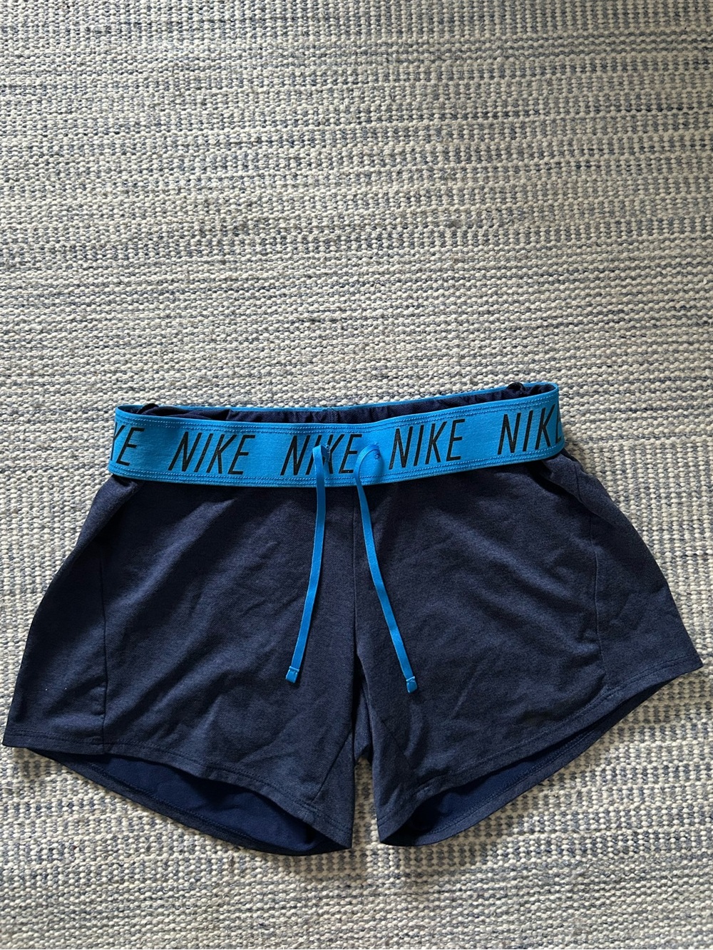 Nike Women's Navy Athletic Shorts with Blue Logo Waistband